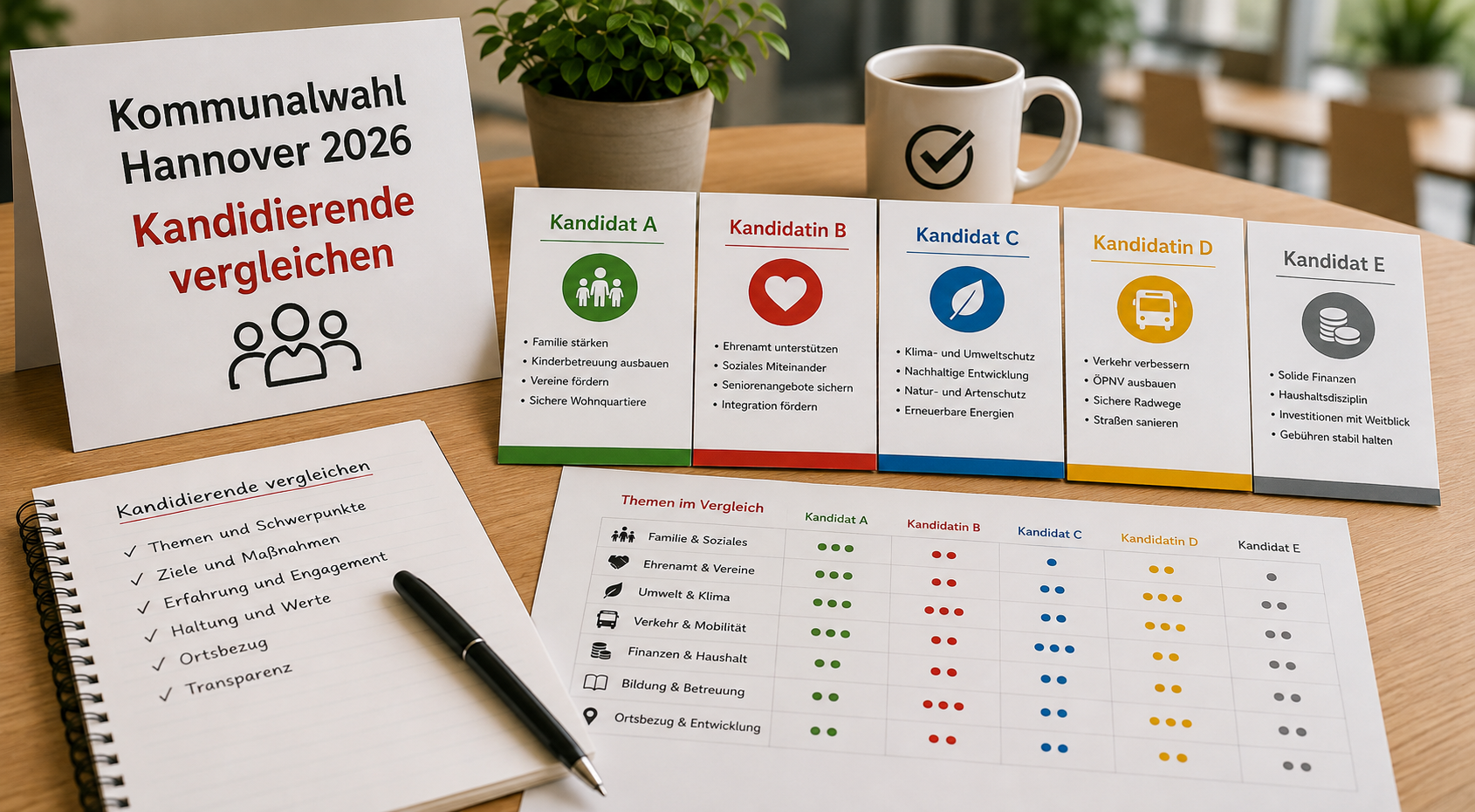 Kandidierende zur Kommunalwahl Hannover 2026 im Vergleich mit politischen Schwerpunkten und Bezug zu Ricklingen, Oberricklingen, Mühlenberg, Wettbergen und Bornum